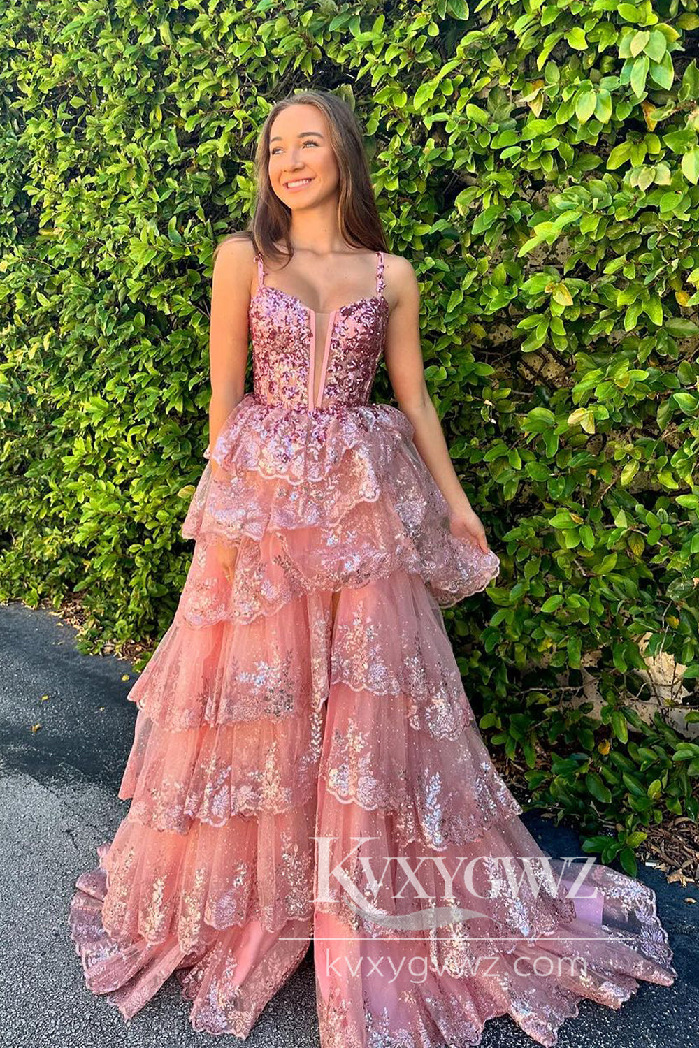 Stunging A Line V Neck Evening Gown Blush Sequins Tiered Prom Dress LF626