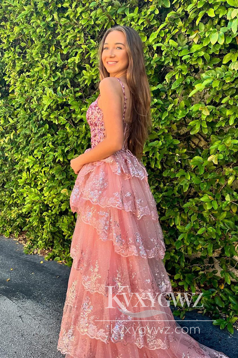 Stunging A Line V Neck Evening Gown Blush Sequins Tiered Prom Dress LF626