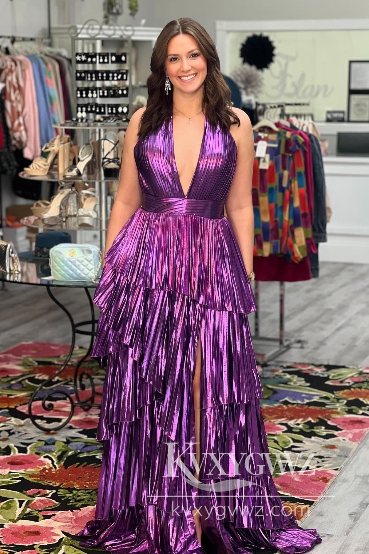 Stunning A Line Deep V Neck Purple Evening Gown Tiered Satin Prom Dress With Slit LF627