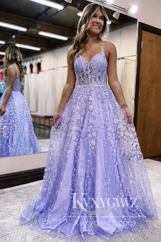 Stunning A Line Sweetheart Lavender Evening Gown Conspicuous Lace Tulle Prom Dress LF628