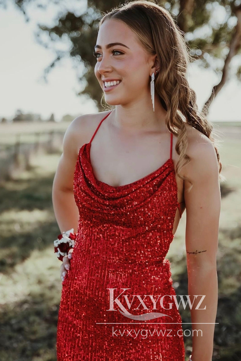 Stunning Mermaid Evening Gown Cowl Neck Sequins Slit Prom Dress Party Dresses LF629