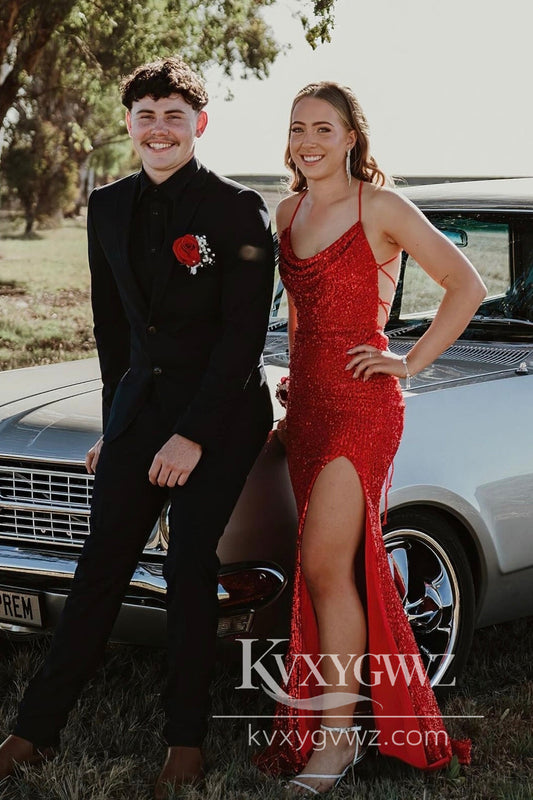 Stunning Mermaid Evening Gown Cowl Neck Sequins Slit Prom Dress Party Dresses LF629