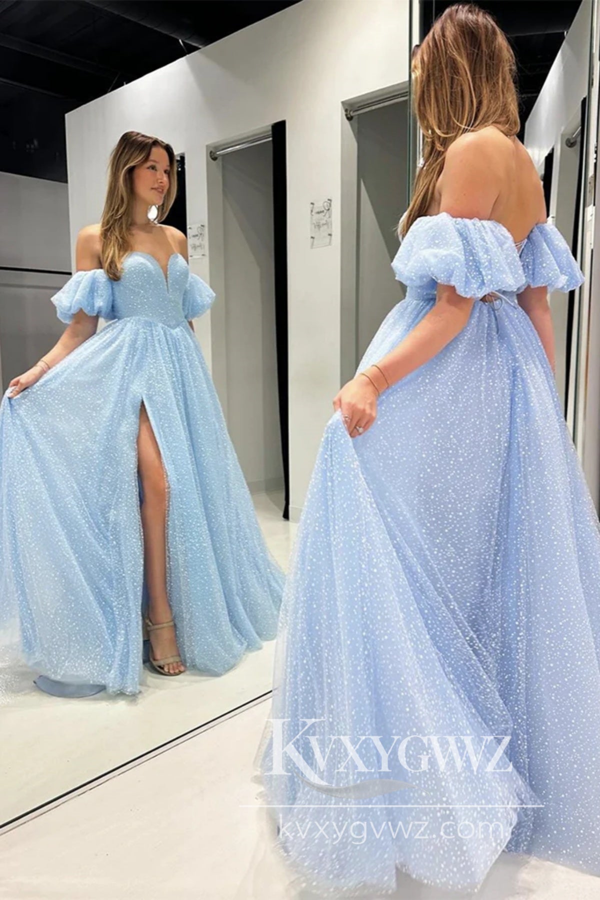 Stunning A Line Sweetheart Evening Gown Light Blue Tulle Prom Dress with Sleeves LF630