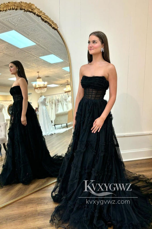 Stunning A Line Strapless Evening Gown Black Tiered Tulle Lone Prom Dress LF631