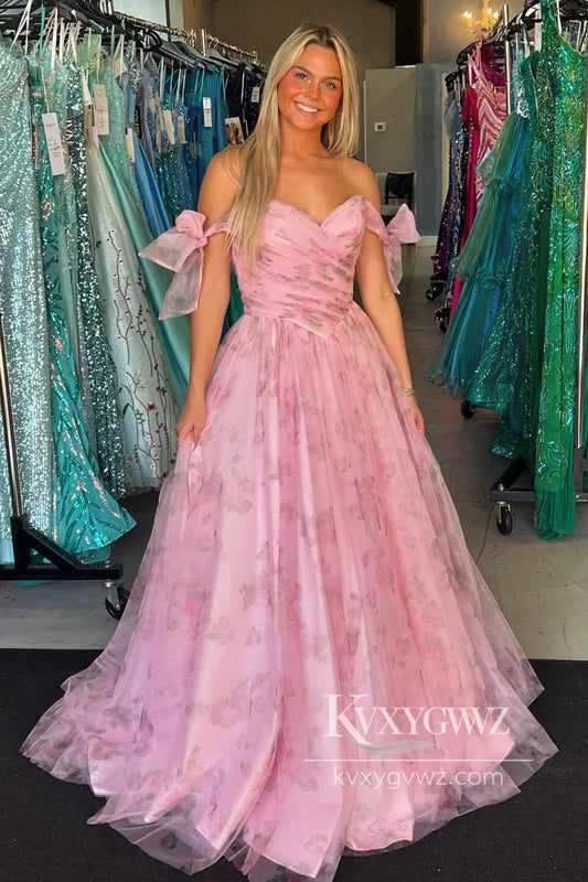 Stunning A Line Sweetheart Evening Gown Blush Pink Printed Prom Dress LF632