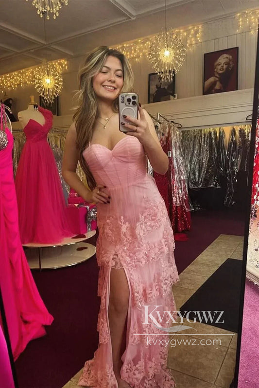 Charming A Line Sweetheart Evening Gown Pink Lace Appliques Prom Dress LF633