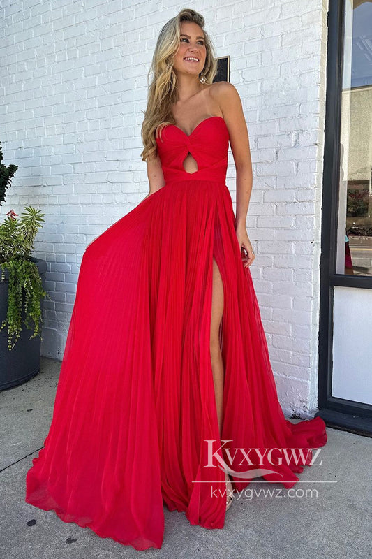 Charming A Line Sweetheart Evening Gown Pleat Chiffon Long Prom Dress with Slit LF634