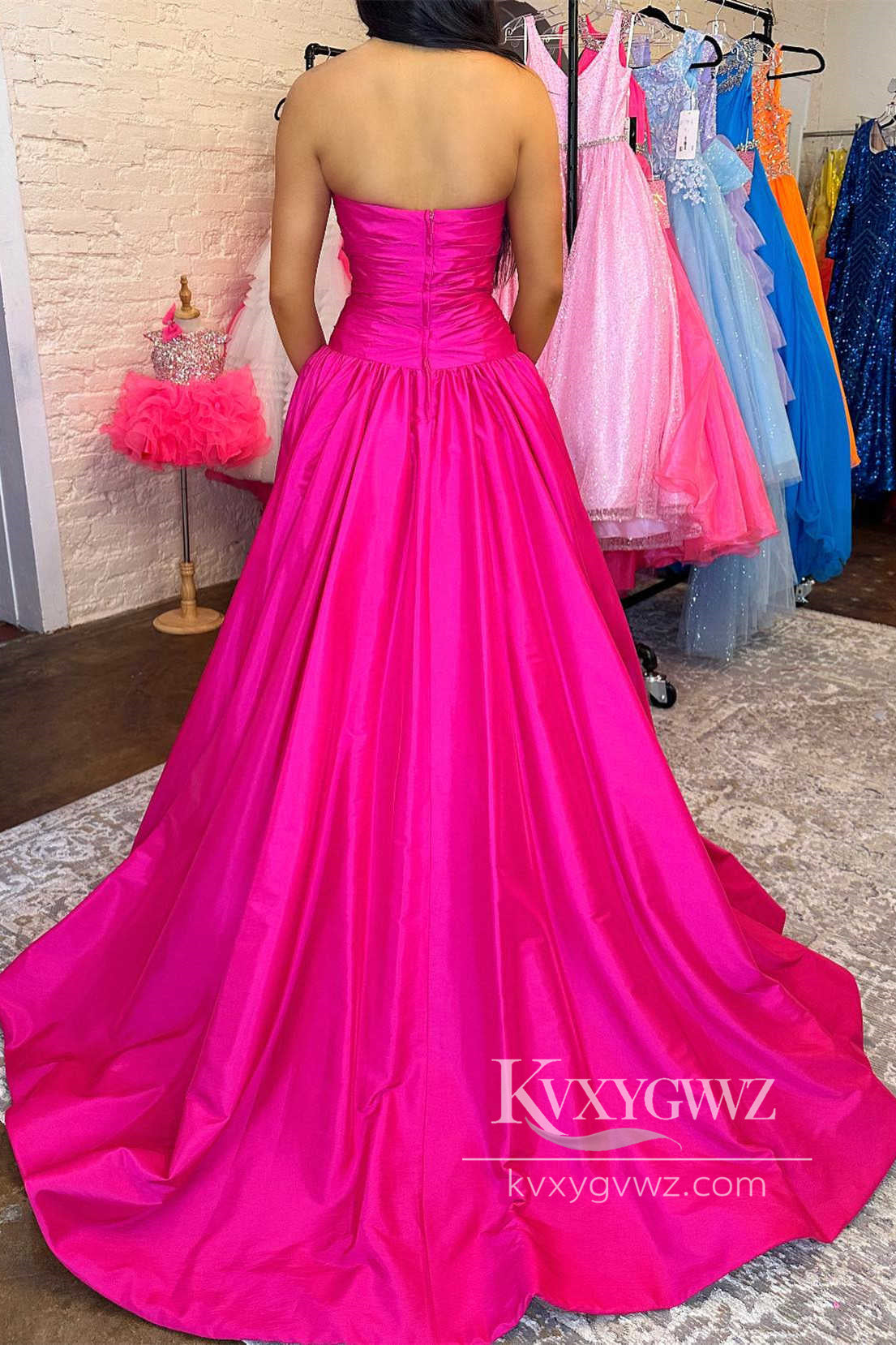 Stunning A Line Strapless Evening Gown Fuchsia Satin Prom Dress with Beading LF635