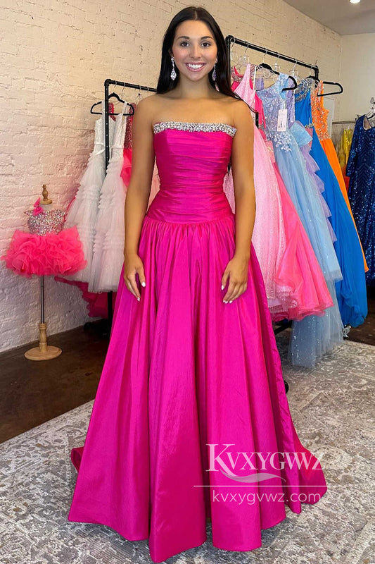 Stunning A Line Strapless Evening Gown Fuchsia Satin Prom Dress with Beading LF635
