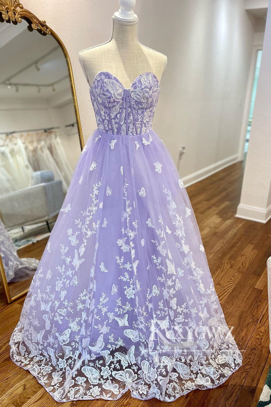 Stunning A Line Sweetheart Evening Gown Lavender Lace Tulle Long Prom Dress LF636