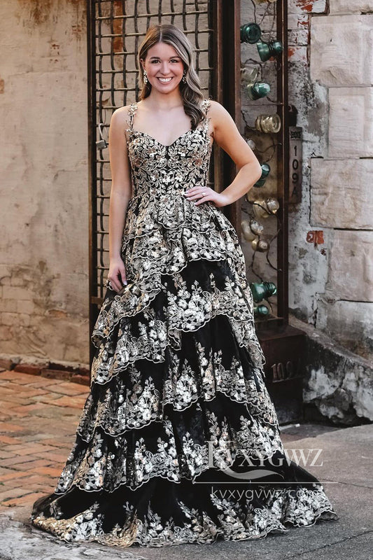 Dazzling Ball Gown Sweetheart Gold Evening Gown Sequins Appliques Prom Dress with Slit LF638