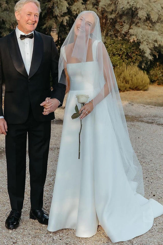 Modern A Line Square Neck Satin Long Wedding Dresses Gown HS970