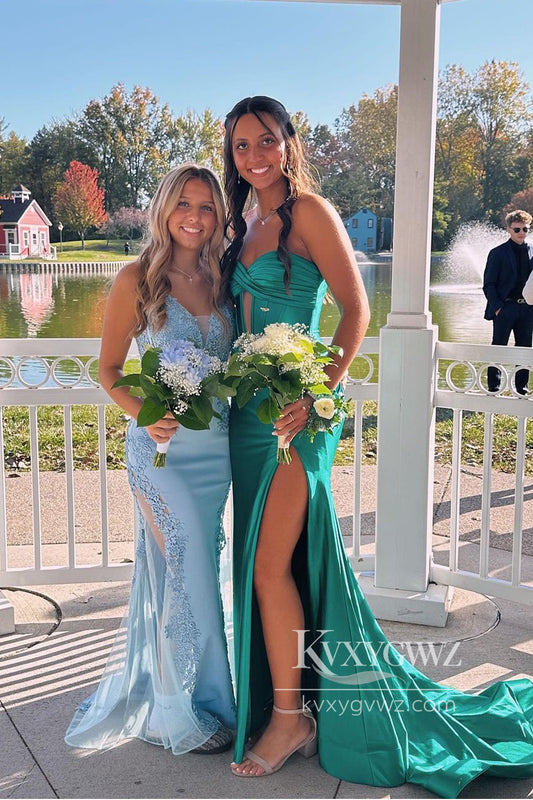 Stunning Mermaid Evening Gown Sweetheart Green Satin Prom Dress with Slit LF639