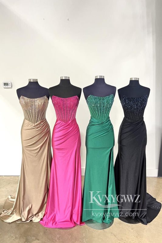 Stunning Mermaid Evening Gown Scoop Neck Satin Beaded Long Prom Dress With Slit LF640