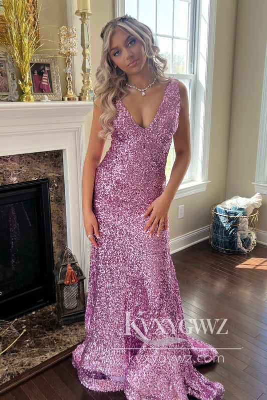 Stunning Mermaid Sequins Evening Gown V Neck Sequins Prom Dress LF641