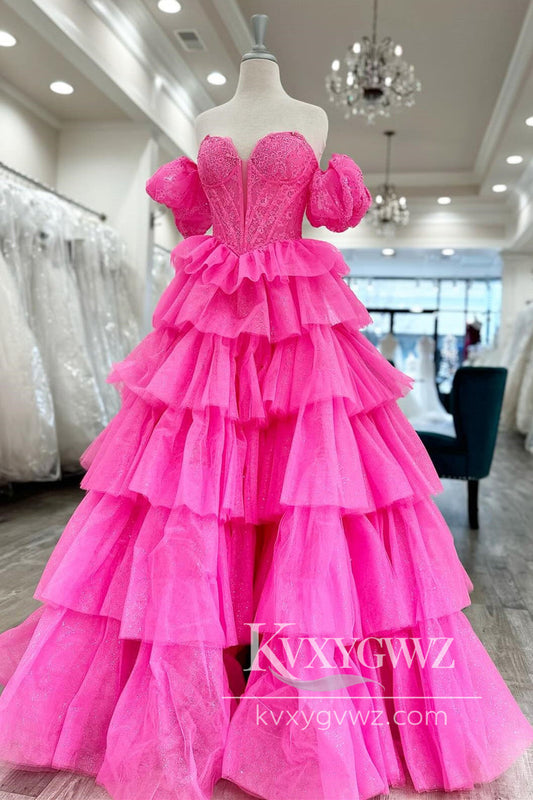Dazzling Ball Gown Sweetheart Hot Pink Evening Gown Tiered Organza Prom Dress LF642