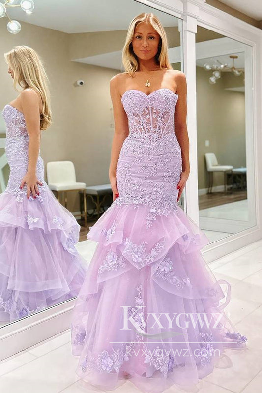 Dazzling Mermaid Evening Gown Lavender Lace Applique Prom Dress LF643