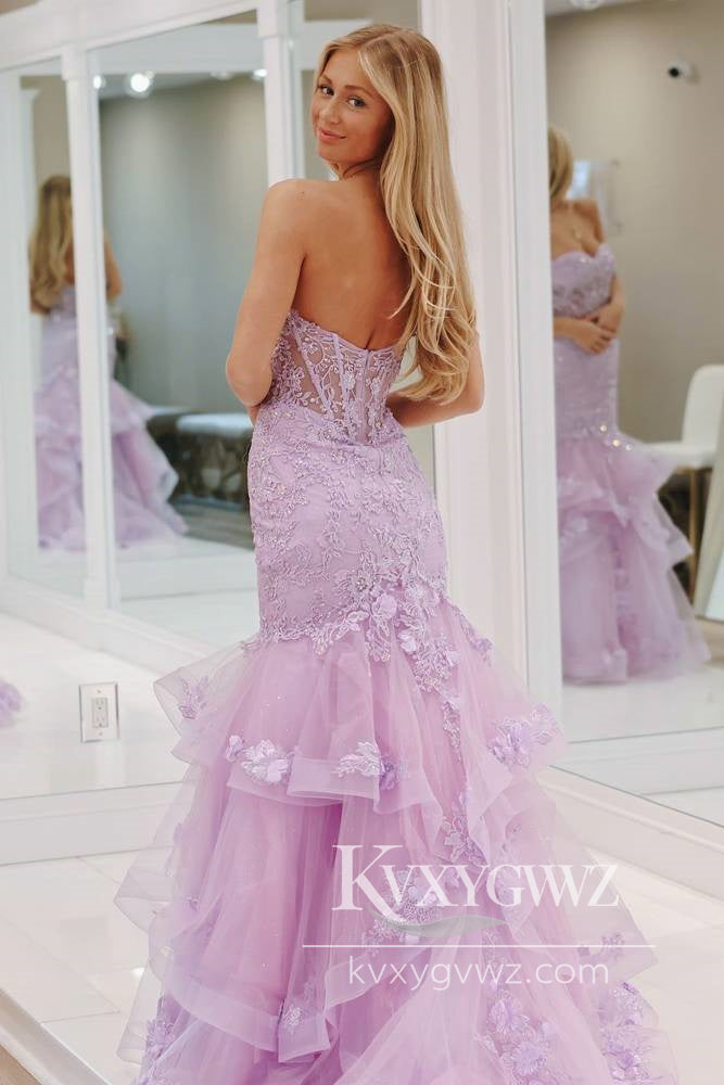 Dazzling Mermaid Evening Gown Lavender Lace Applique Prom Dress LF643