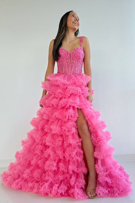 Dazzling Ball Gown Sweetheart Pink Tiered Tulle Prom Dress Gown with Appliques LF1231