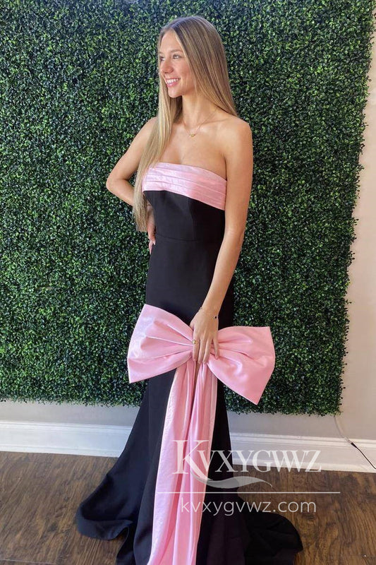 Stunning Mermaid Evening Gown Strapless Black Prom Dress with Pink Bow LF645