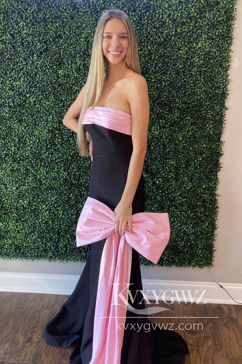 Stunning Mermaid Evening Gown Strapless Black Prom Dress with Pink Bow LF645