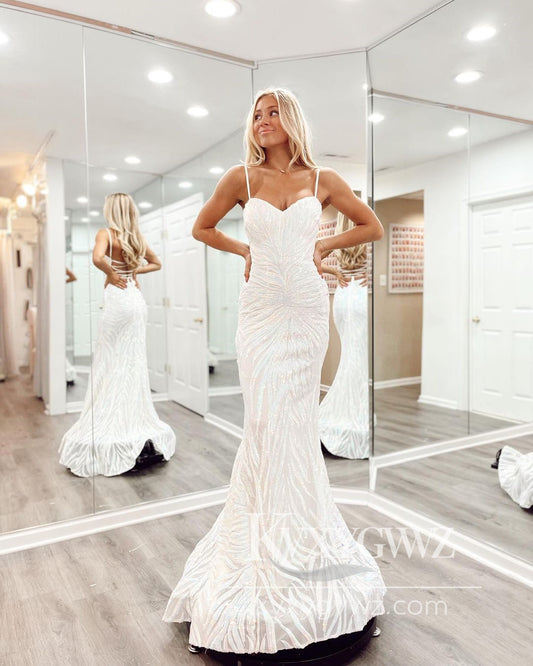 Stunning Mermaid Evening Gown Sweetheart White Sequins Lace Prom Dress LF647