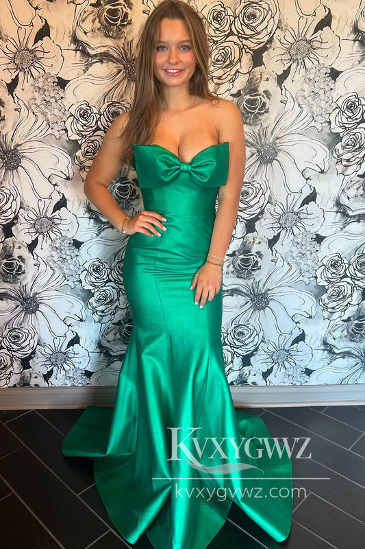 Mermaid Sweetheart Green Evening Gown Satin Long Prom Dress with Bow LF648