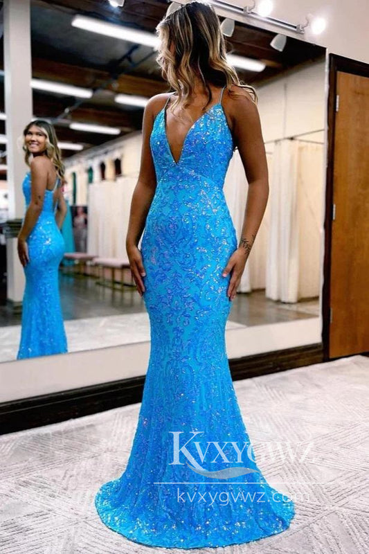 Stunning Mermaid Evening Gown V Neck Blue Lace Sequins Long Prom Dress with Backless LF649