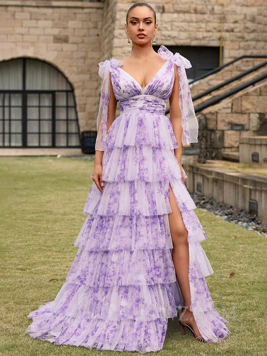 Lilac A Line V Neck Adjustable Straps Long Tiered Prom Dress LF065