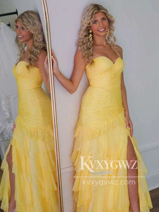 Stunning Sweetheart Evening Gown Yellow Ruffles Chiffon Prom Dress with Slit LF653