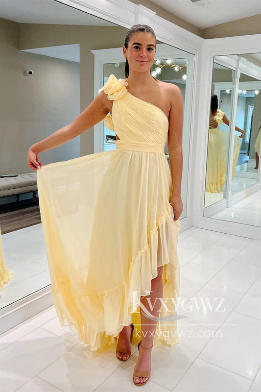 Light Yellow A-line One Shoulder Evening Gown Lace-Up Pleated Ruffles High-Low Prom Dress LF654