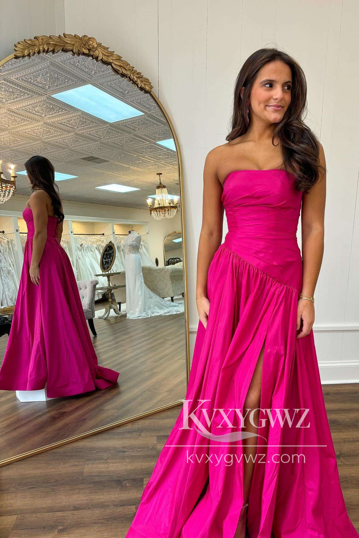 Stunning Strapless Evening Gown Fuchsia Satin Long Prom Dress with Slit LF656