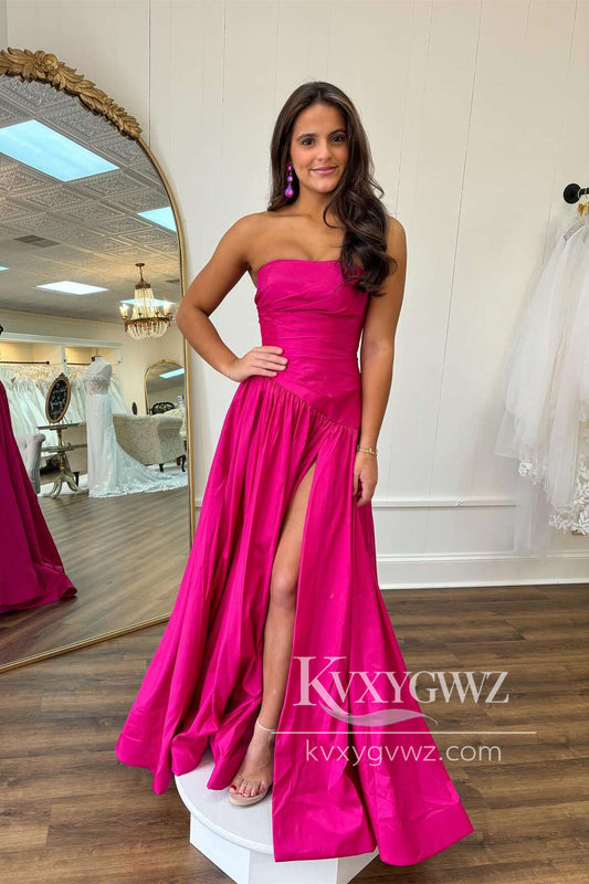 Stunning Strapless Evening Gown Fuchsia Satin Long Prom Dress with Slit LF656