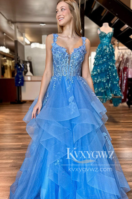 Stunning V Neck Blue Conspicuous Evening Gown Ruffled Tulle Prom Dress with Lace LF657