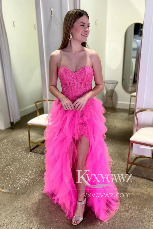 Stunning Sheath Evening Gown Sweetheart Hot Pink Lace Long Prom Dress LF659