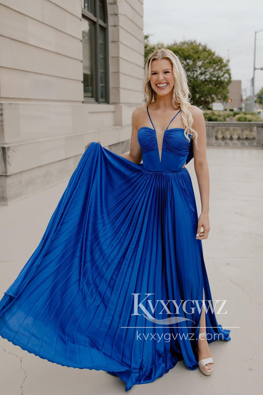 Stunning V Neck Royal Blue Evening Gown Pleated Satin Prom Dress with Bow Back LF660