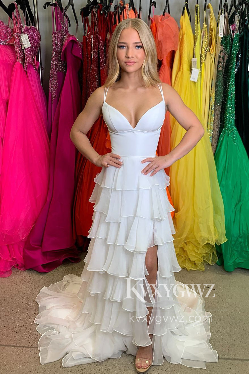 Stunning V Neck White Chiffon Spaghetti Strap Evening Gown Tiered Long Prom Dress with Slit LF663