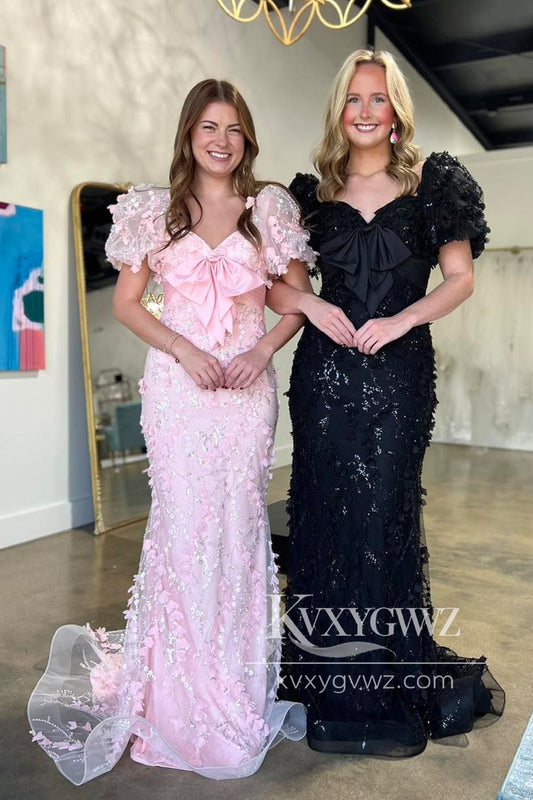 Fairy Mermaid V Neck Evening Gown Pink Floral 3D Lace Prom Dress with Ruffled Sleeves LF664
