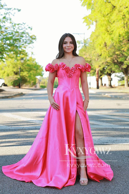 Stunning Off the Shoulder Evening Gown Pink Satin Slit Long Prom Dress with Ruffled Neck LF665