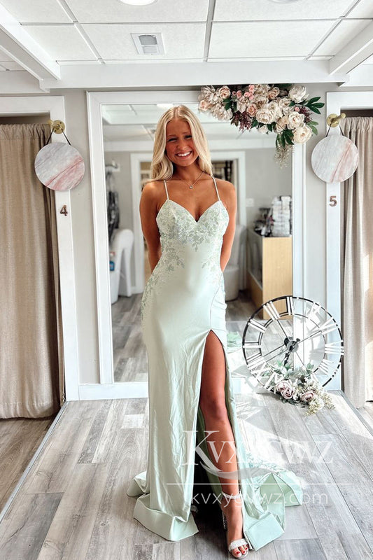 Charming Mermaid Evening Gown V Neck Slit Long Prom Dress with Beading LF666