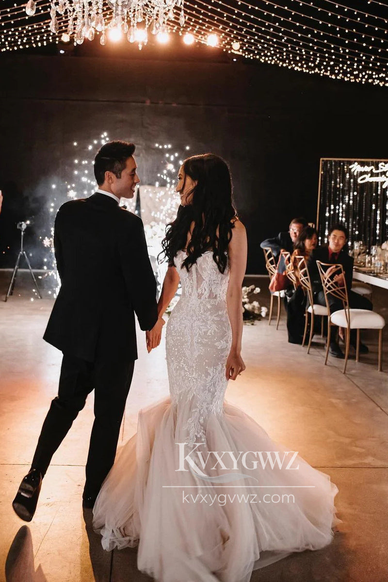 Glamorous Mermaid Sweetheart Tulle Sweep Train Wedding Dresses Gown with Appliques HS666