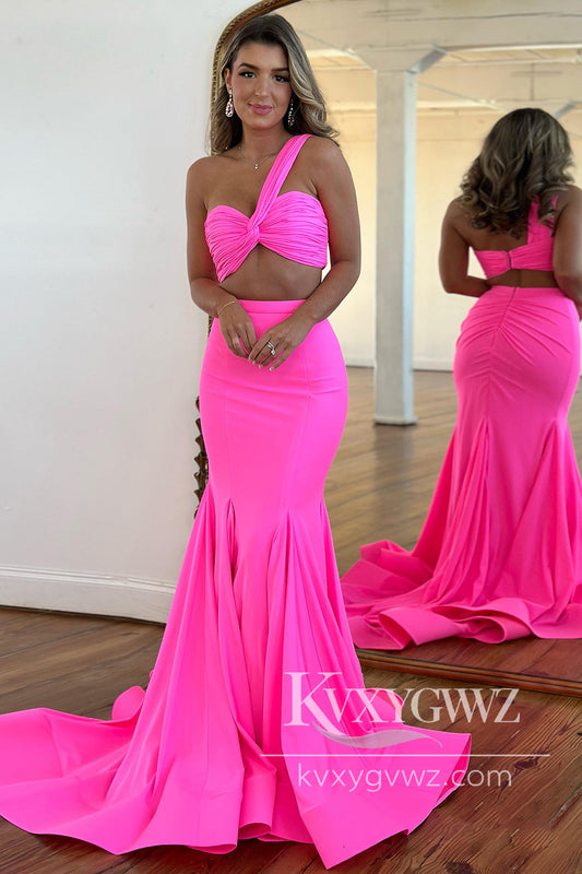 Charming Mermaid One Shoulder Evening Gown Pink Pleated Prom Dress with Slit LF667