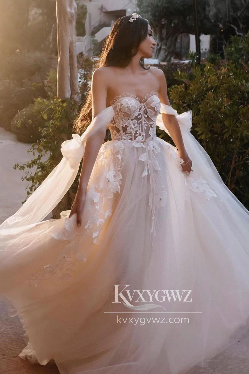 Cute A Line Sweetheart Tulle Sweep Train Wedding Dresses Gown with Appliques HS667