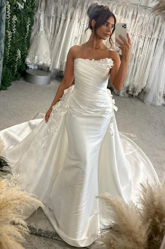 Dazzling Mermaid Strapless Satin Wedding Dresses Gown with Flowers HS793