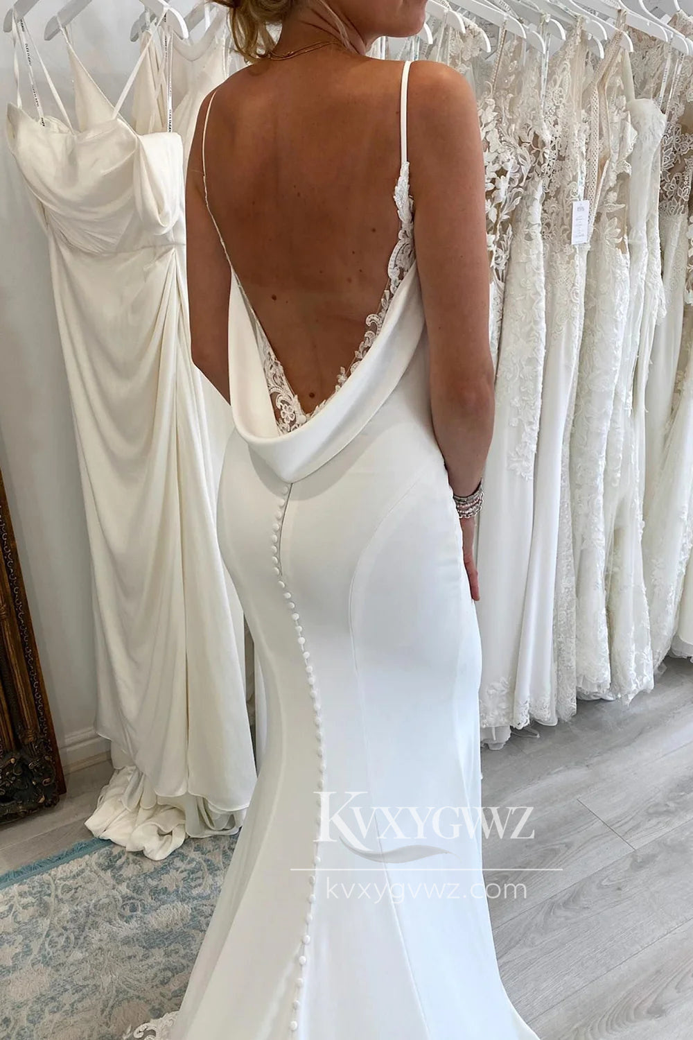 Glamorous Spaghetti Strap Mermaid V Neck White Satin Wedding Dresses Gown HS668