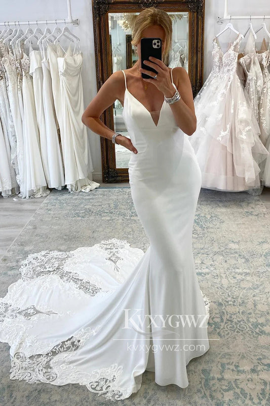 Glamorous Spaghetti Strap Mermaid V Neck White Satin Wedding Dresses Gown HS668