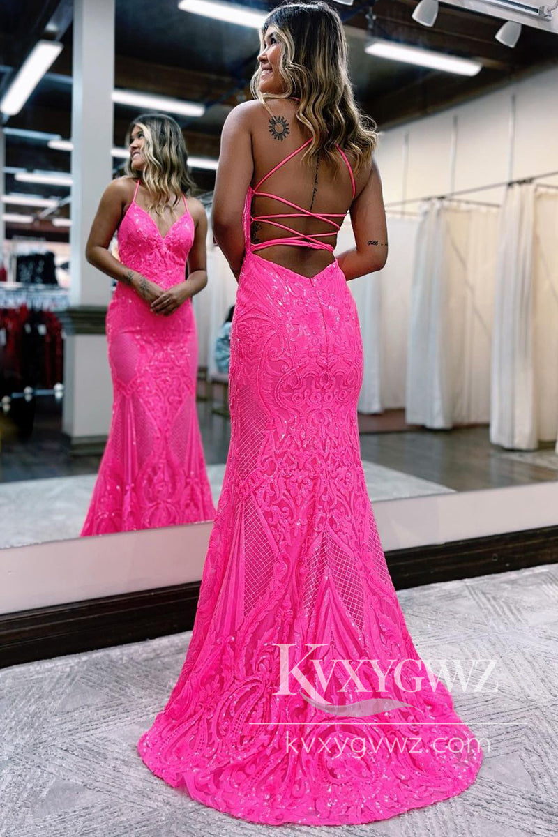 Stunning Mermaid Royal Blue Evening Gown V Neck Sequin Lace Long Prom Dress LF669