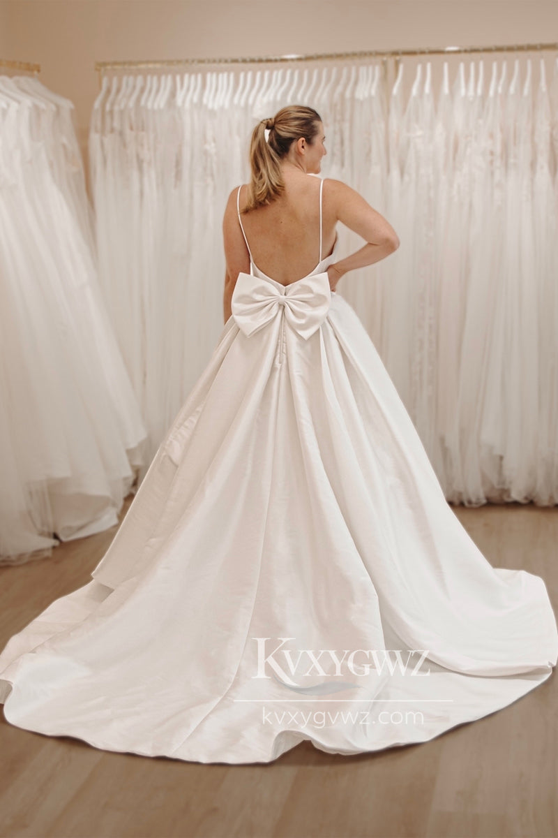 Graceful A-Line Spaghetti Strap Sweetheart White Wedding Dresses Gown with Bow Back HS669