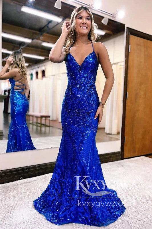 Stunning Mermaid Royal Blue Evening Gown V Neck Sequin Lace Long Prom Dress LF669