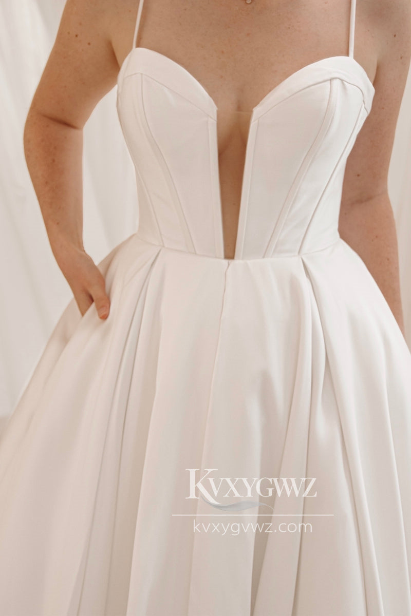 Graceful A-Line Spaghetti Strap Sweetheart White Wedding Dresses Gown with Bow Back HS669